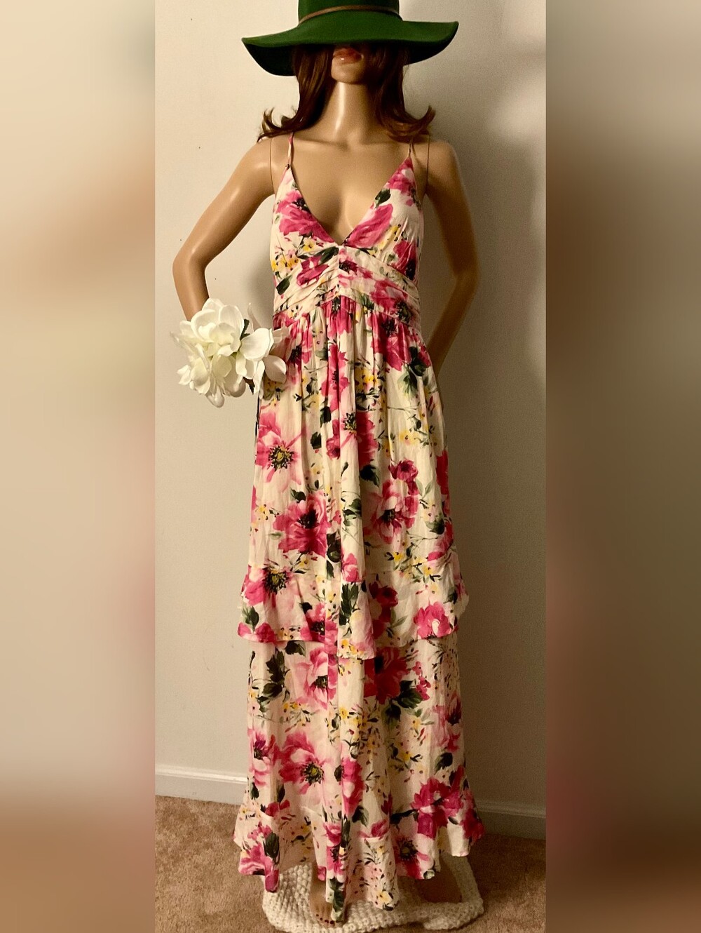 Abercrombie & Fitch Pink Floral Tiered Maxi Dress with Green Accents Like New